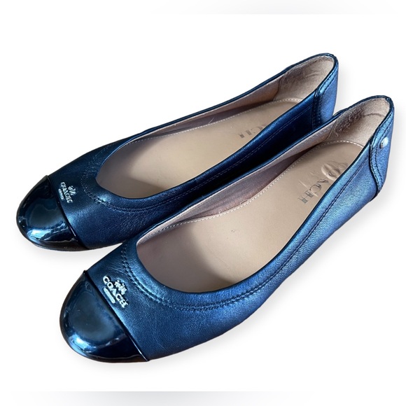 COACH Chelsea Black Matte Calf Leather Patent Cap Toe Silver Logo Flats Size 7 - Picture 8 of 15